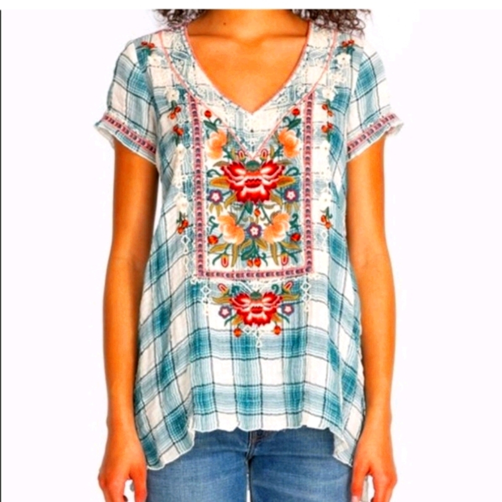 Plaid embroidered julienne drape top by Johnny Was